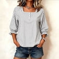 thumbnail image 4 of Uootdi Cute Summer Tops Square Neck 3/4 Bubble Sleeve Half Henley Placket Vertical Stripe Print Soft Woven Womens Shirts Loose Fit Airy Comfortable Womens Tees, 4 of 8