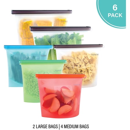 Reusable Silicone Food Storage Bags (2 x Large 4 x Medium) for Sandwich Snack Lunch Vegetable Fruit Sous Vide Liquid | Airtight BPA-Free Leakproof & Eco Plastic Free Ziplock Bags by Homeries