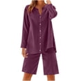 thumbnail image 1 of UAMVSH Women Button down Two Piece Sets Plus Size Cotton Linen Long Sleeve Shirts and Drawstring Bermuda Shorts Beach Outfits(3X-Large,Multicolor 1), 1 of 7