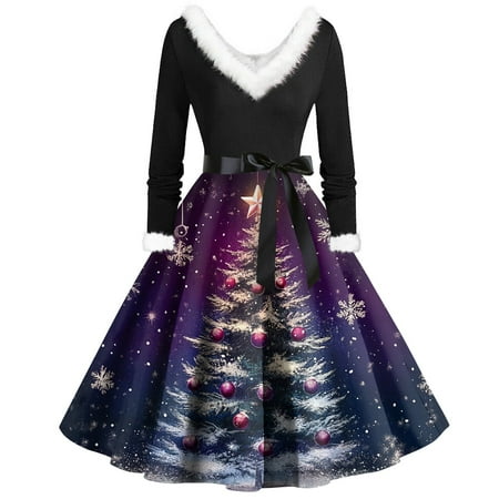 DENGDENG Women Christmas Dress Shoes High Heels Xmas Santa Deer Christmas Tree Printed Hepburn Dresses Plus Size Long Sleeve V Neck Party Costume Dress with Belt Black L
