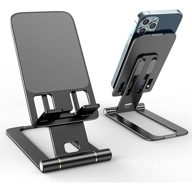 MENKEY Cell Phone Stand, Fully Foldable Phone Holder for Desk, Desktop Mobile Phone Cradle Dock Compatible with iPhone, Samsung Galaxy, iPad Mini, Tablets Up to 10\u201d (Black)
