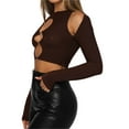 thumbnail image 4 of Mialoley Solid Color T-shirt, Long Sleeve Round Neck Cutout Crop Tops, 4 of 6