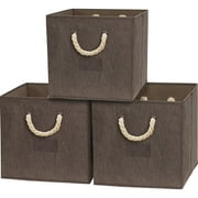 SHW 3 Pack 13" Cube Storage Bin With Braided Handles, Brown