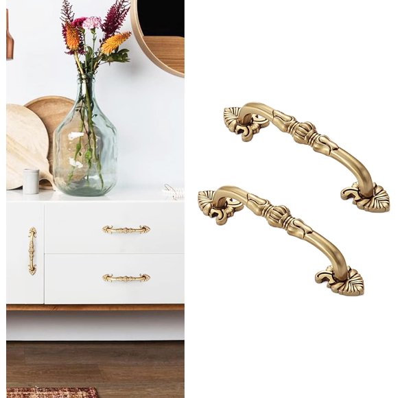 2 Pack 5'' Brass Cabinet Pulls Antique Floral Pattern Cupboard Handle Drawer Pulls Solid Brass Kitchen Hardware Matte(5” Hole Center, Gold)