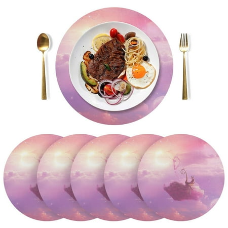 

Round Placemats Plate Mats 15 Inch Non-Slip Heat Resistant Washable PVC Set Table Decoration for Kitchen Dining Pink Sky