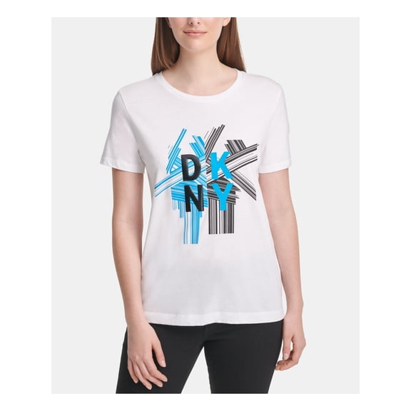 DKNY Womens New 0476 White Printed Crew Neck T-Shirt Casual Top XS B B