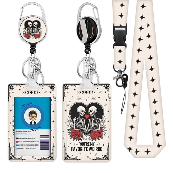 JOPJOLIW Skull Lanyards for ID Badge, YOU'RE MY FAVORITE WEIRDO ID Badge Holder with Retractable Reel Clip and Keychain, Identity Badge Cover Case Protector for Student Teacher Nurse