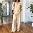 thumbnail image 2 of Lumtrix Linen Sets For Women 2 Piece Summer Long Sleeve V Neck Shirts Matching Wide Leg Lounge Pants with Pockets Beach Vacation Outfits Beige XL, 2 of 6