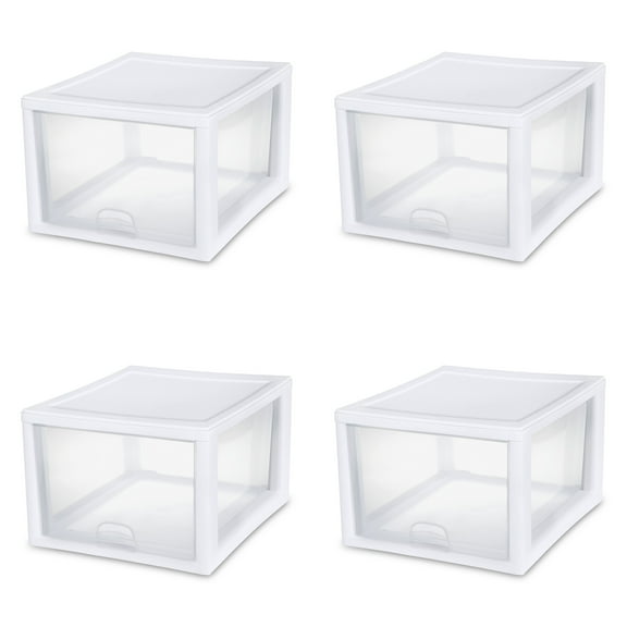 Sterilite 27 Qt. Stacking Drawer Plastic, White, Set of 4