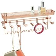 mDesign Steel Wall Mount Jewelry Organizer Rack with 8 Hooks/Basket, Rose Gold