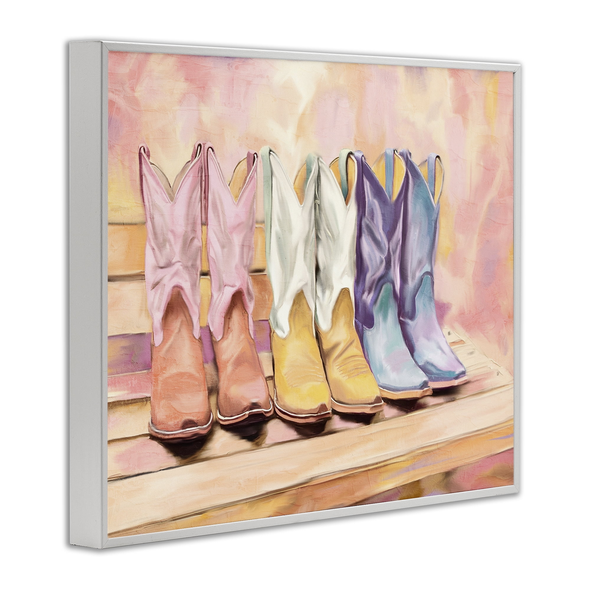 Painted Boots Trio White Framed Giclee Art, design by Kim Allen