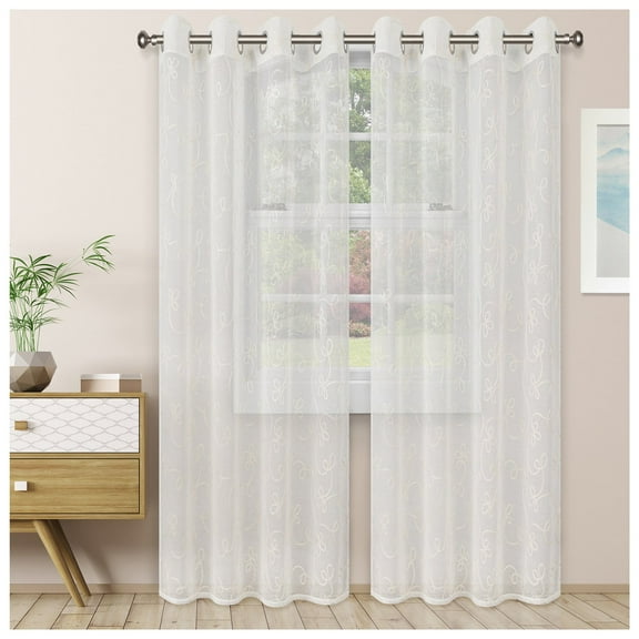 Scroll Soft Diffused Light Airy Lightweight Floral Sheer Curtain Set Ivory / 52"x63"