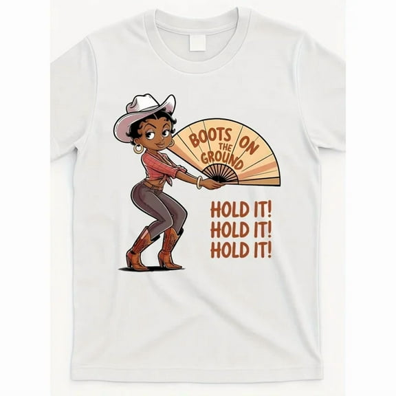100% cotton tshirts men tee Boots on the Ground Western Cowgirl Graphic T-Shirt - White Casual Round Neck Tee with Vibrant "Hold It!" Design