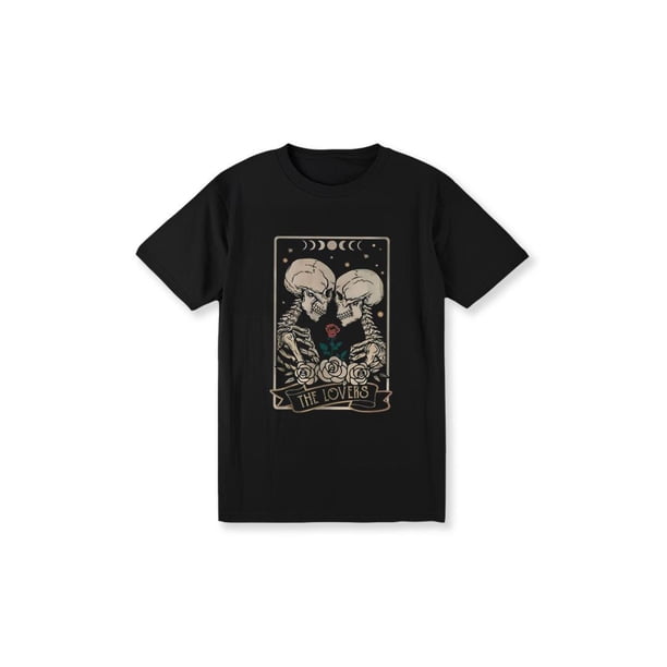 Women's Tarot Lovers Graphic Print T-Shirt - Black Short Sleeve Crew Neck Casual with Skull Rose & Celestial Design, Machine Washable all-Season Comfort Fit, Mystical apparel, Skeleton Motif Shirt