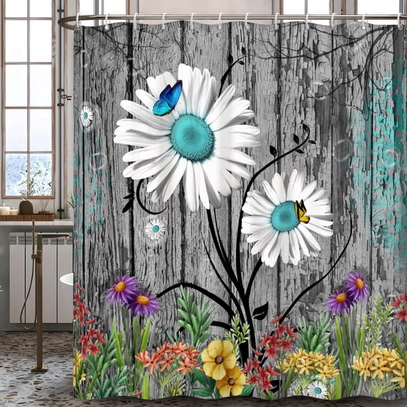 Teal Gray Shower Curtain Colorful Farmhouse Floral Waterproof Bathroom Curtain 72"x72"
