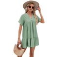 thumbnail image 2 of Women'S Short Sleeve V Neck Ruffle Hem Solid Swing Smock Dress Casual Loose Fit Mini Dress Summer Beach Wear Bean green S, 2 of 9
