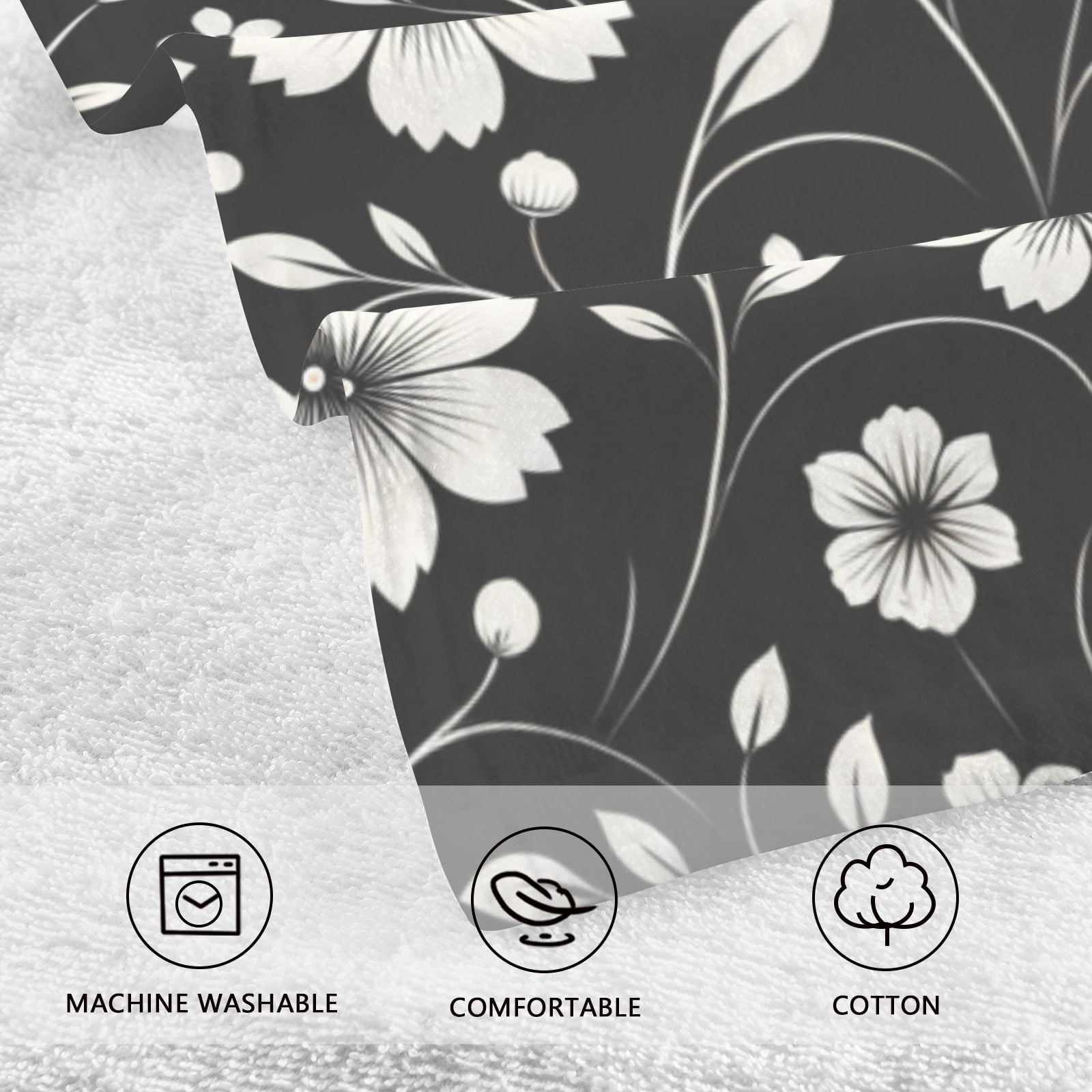 Retro White and Black Flowers Hand Towels Cotton Bath Towels Large Face Towels Absorbent for Bathroom 2 Packs