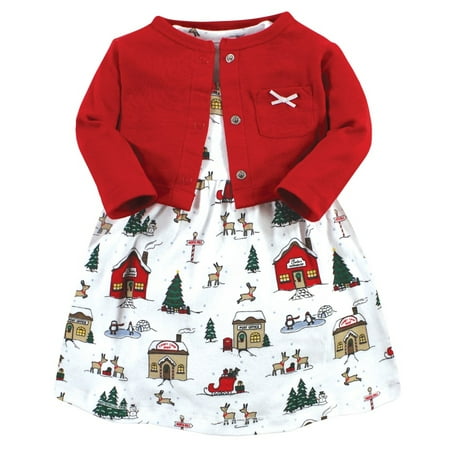 

Hudson Baby Infant and Toddler Girl Cotton Dress and Cardigan Set North Pole 3-6 Months