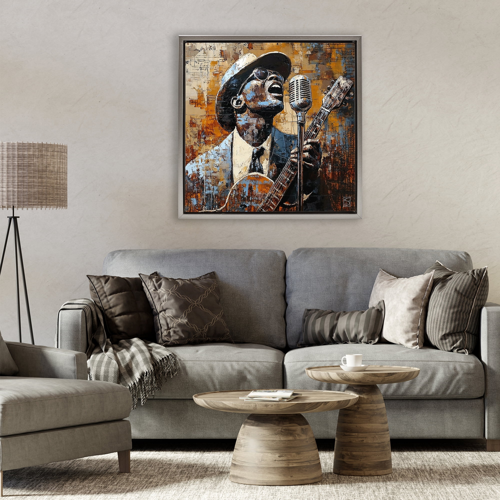 Stupell Industries Passionate Blues Singer Gray Framed Floater Canvas Wall Art, design by Sara Culpepper