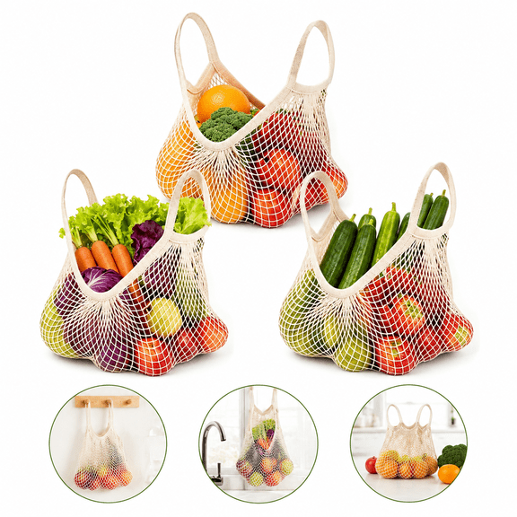 Reusable Cotton Mesh Grocery Bags Pack of 3 Beige, Farmers Market Tote Mesh Produce Net Bags, Multipurpose Fruit Vegetable Shopping Mesh Bags