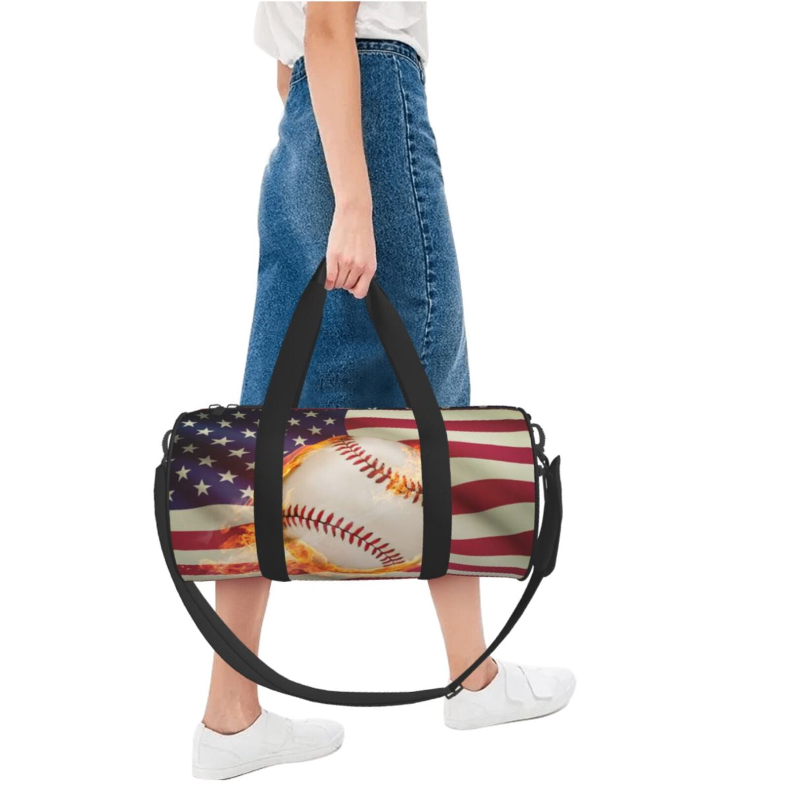 Horeoi Baseball Ball With Flag Print Foldable Travel Duffle Bag with Removable Strap - Water-Resistant Gym Vacation Luggage Multi-Pocket Design