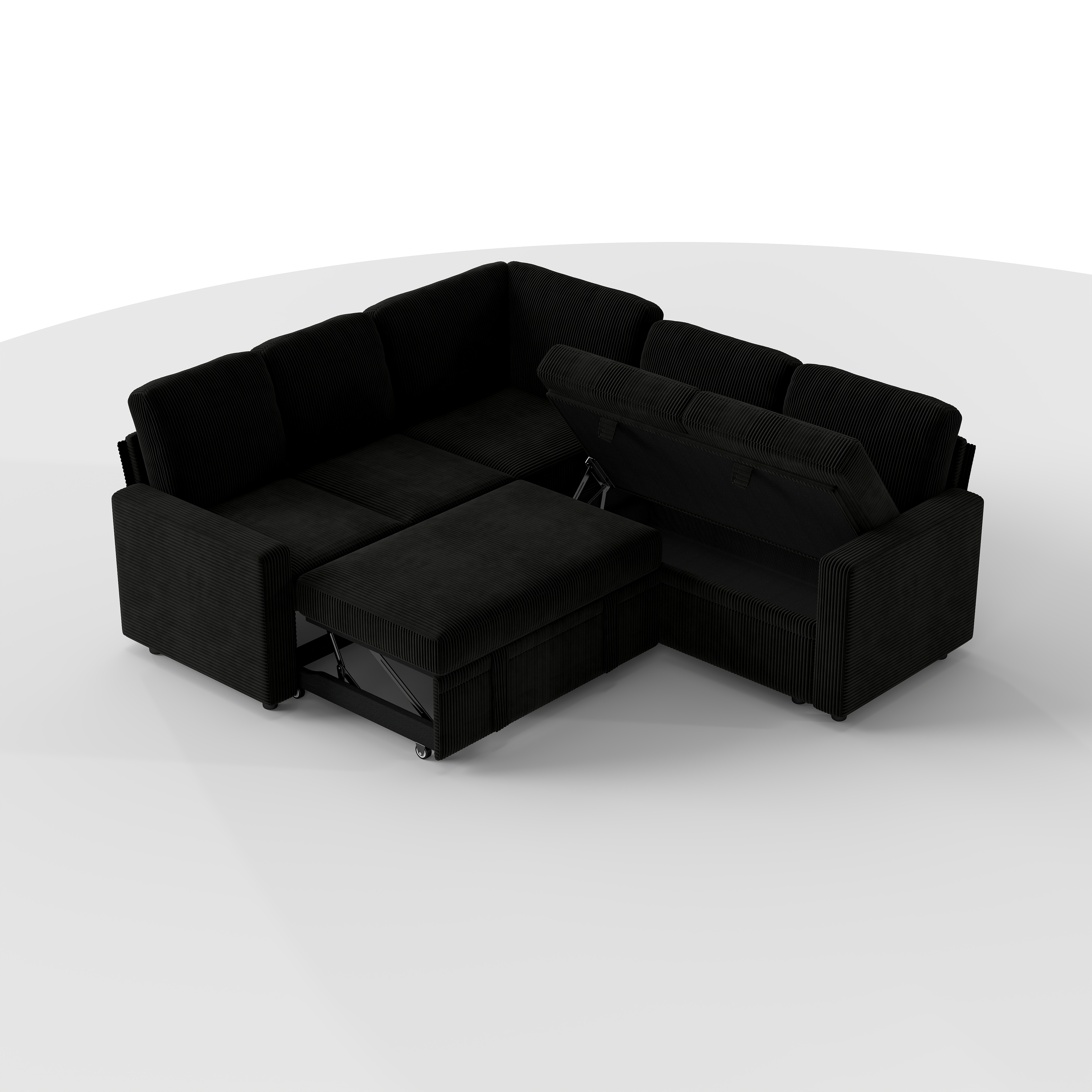 BSHTI Modern L-Shaped Pull-Out Sectional Sleeper Sofa Bed with Storage for Living Room, Black