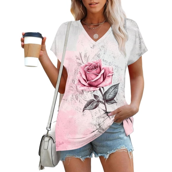 IchuanyiVintage Flowers V Neck Shirt for Women Boho Floral Wildflowers Graphic Tee Casual Cottagecore Summer T Shirt