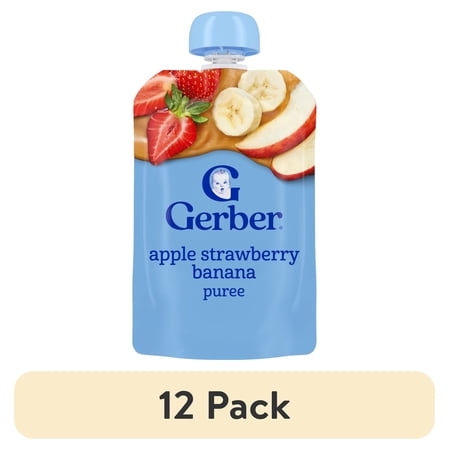 (12 pack) Gerber Stage 2 Baby Food, Apple Strawberry Banana Puree Pouch 3.5 oz