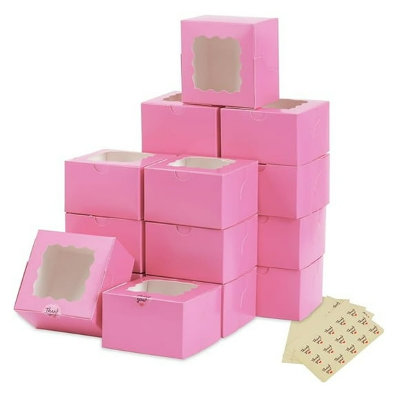 50pcs Cookie Boxes, 4x4x2.5in Pink Bakery Boxes with Window, Mini Cake Boxes, Dessert, Pastry, Small Treat Boxes