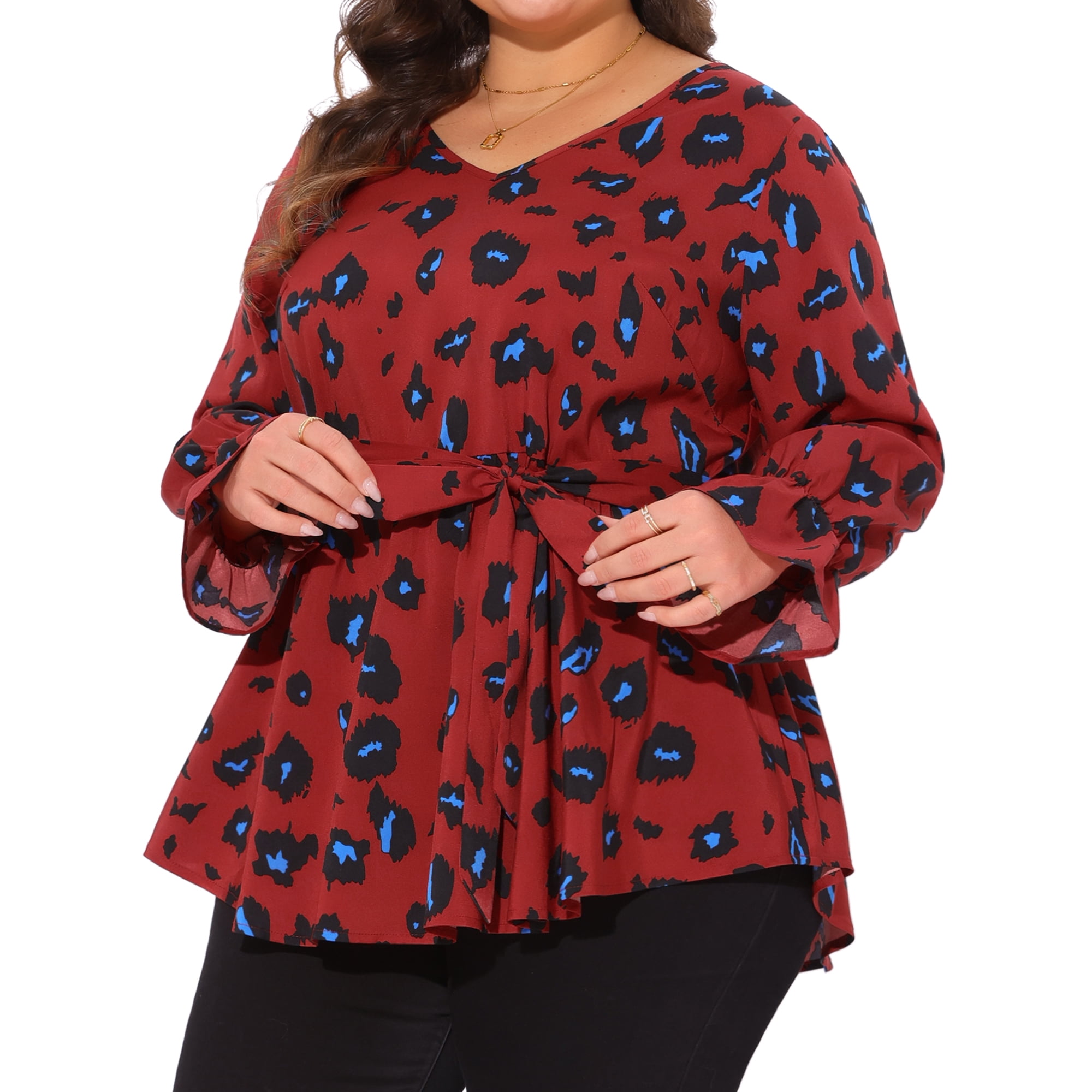 DARING DIVA Women's Plus Graphic Print Belted Long Sleeve V Neck Top 2X Red