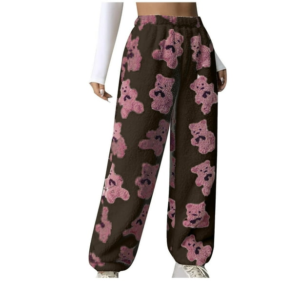 Luxalzxs Women's Cute Bear Plush Pajama Pants, Soft Fluffy Fleece Warm Pjs Bottoms Sleepwear Winter High Waisted Comfy Fuzzy Lounge Pants Sweatpants