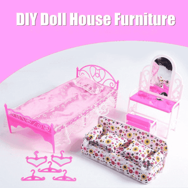 8pcs Princess Bedroom Doll Furniture Set, Dollhouse Accessory Pack, Playset Kids Gift, Dresser, Sofa, Bed, Hangers