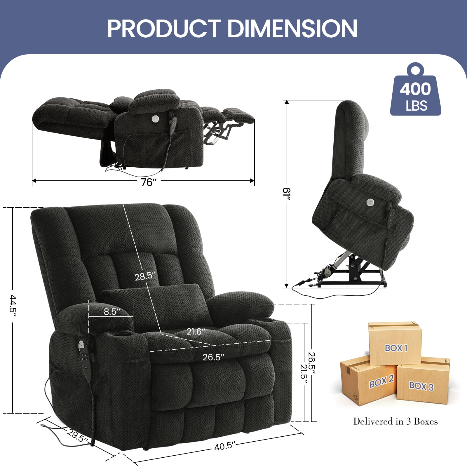Oversized Power Lift Recliner Chair for Adults with Massage and Heat, Infinite Position Lay Flat Lift Chair for Elderly/Seniors, One-Touch Reset, USB&Type-C, Cup Holders, Lumbar Pillow, Dark Grey