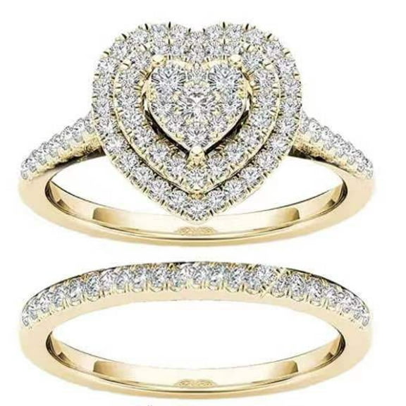 Womens Two Piece Heart Shaped Jeweled Alloy Ring Set Electroplated Gold Silver Rose Gold Finishes Sizes 5 6 7 8 9 10 11