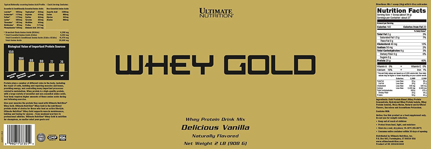 Ultimate Nutrition 100% Whey Gold Protein Powder - 20g of Amino Acids and Protein Per Serving, Vanilla, 5 Pounds