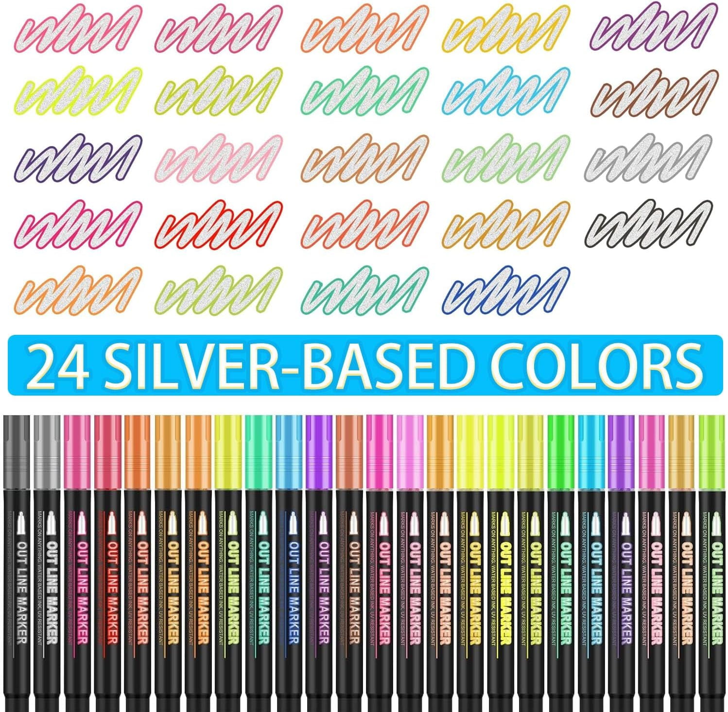 Outline Shimmer Markers, 12/24 Colors Double Line Self-Outline Glitter Markers with Metallic Ink for Greeting Cards, DIY Art, Scrapbooking & Craft Projects