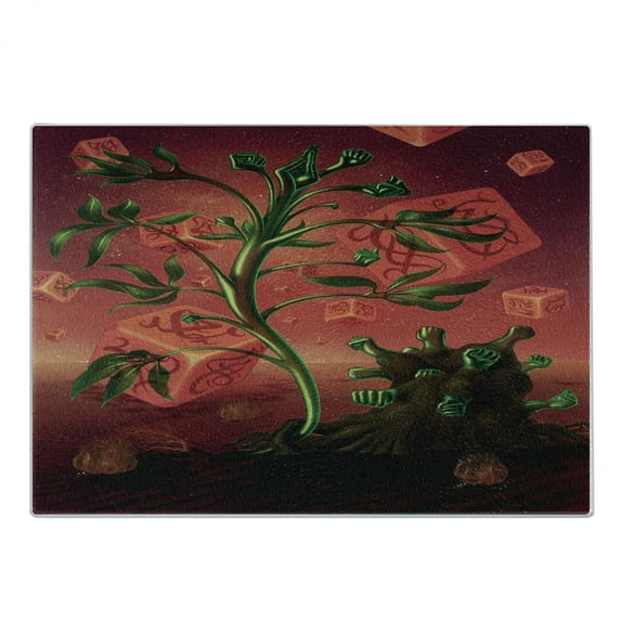 Psychedelic Cutting Board, Trippy Surreal Picture with Fantasy Cubes and Unsual Plants Visual Motif, Decorative Tempered Glass Cutting and Serving Board, Small Size, Scarlet Green, by Ambesonne