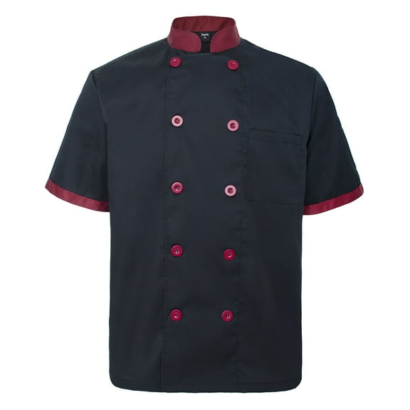 TopTie Unisex Short Sleeve Chef Coat Jacket, Black and Red
