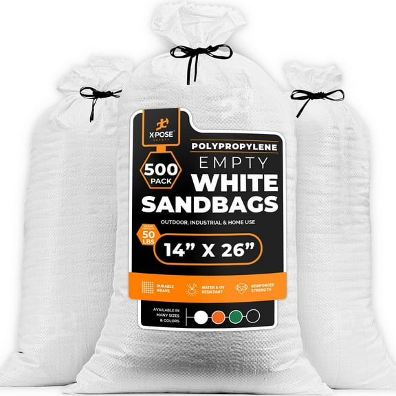 Woven Polypropylene Sand Bags for Flooding, Gravel -14" x 26" Sacks 50 lb Weight Limit, Military Grade Reusable Refillable Sand Bag for Hurricane Flood Protection, Empty Sandbags White, Bundle of 500