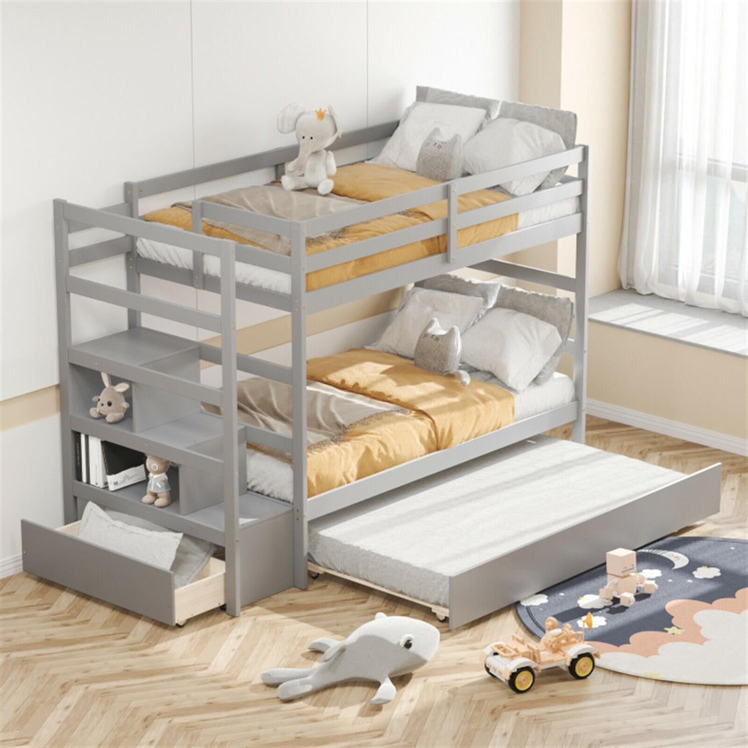 Demi Bonn Twin Pull-Out Bunk Beds with Ladder in the Steps and a Trundle, Bunk Bed Platform with Storage Shelf and Drawer, Gray
