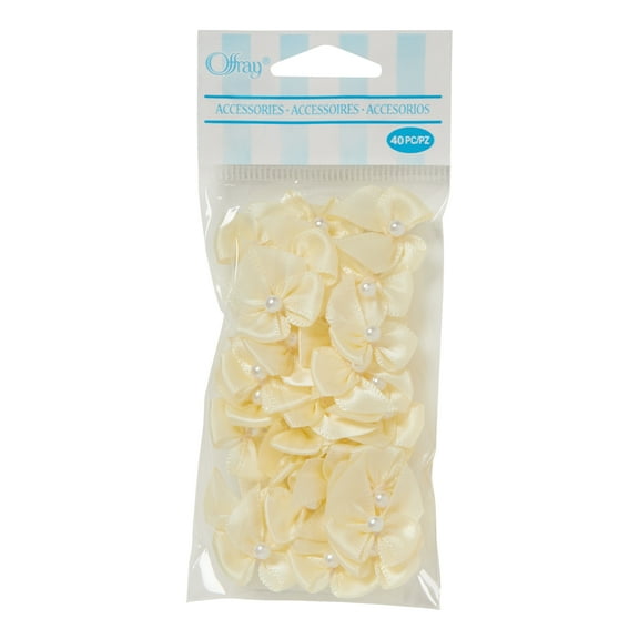 Offray accessories, cream 5/8 inch value pack 2 loop bow with pearl accessor yard for wedding, hair clips, and scrapbooking, 40 count, 1 package