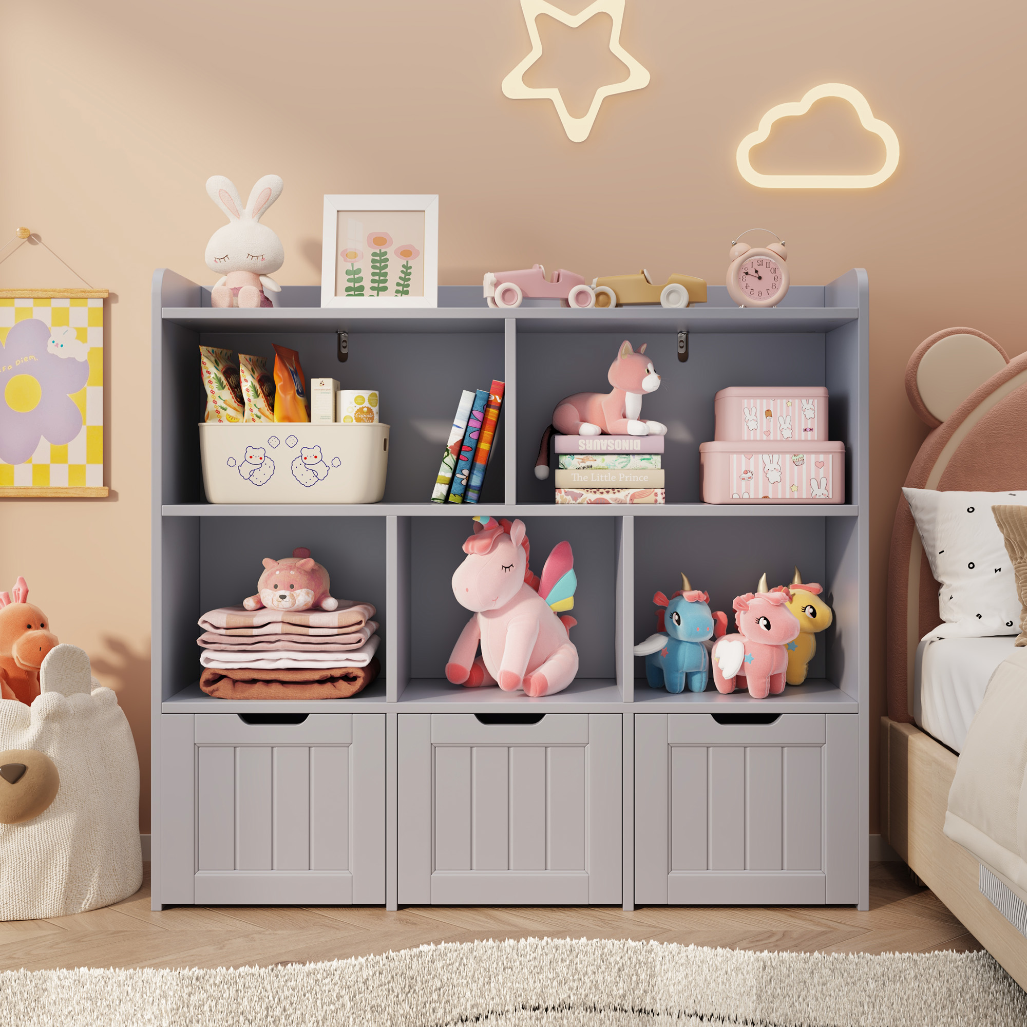 Noelse Toy Storage Cabinet and Kids Bookcase with 3 Movable Drawers and 6 Open Shelves Featuring Fall Prevention Barrier for Playroom Nursery Kids Room Organization, Gray