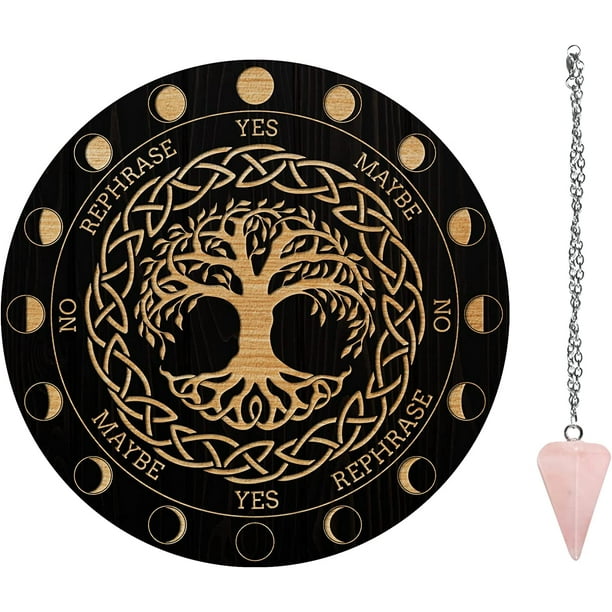 Péndulo de estrella de 19,8 cm, tabla de radiestesia de madera con péndulos de cuarzo rosa, herramientas de adivinación para decoración espiritual - Árbol de la Vida