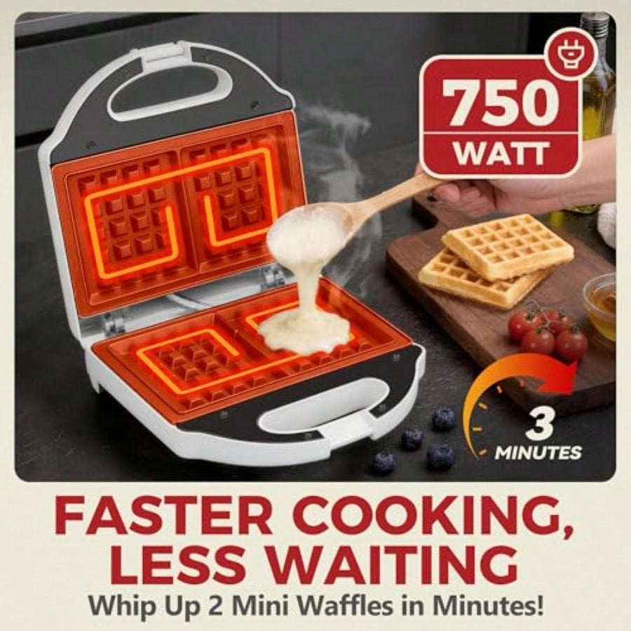 Ceramic Mini Waffle Maker 2 Slices Belgian Waffle Maker Waflera Electrica Double Small Waffle Maker Making 2 × 4" Waffles with PFAS-Free Ceramic Coated Non-Stick Cooking Plates White