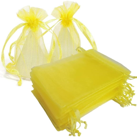 NAMZI 100pcs Organza Bags, 5x7 inch Mesh Drawstring Gift Bags Jewelry Pouches for Christmas Candy Party Favor, Yellow