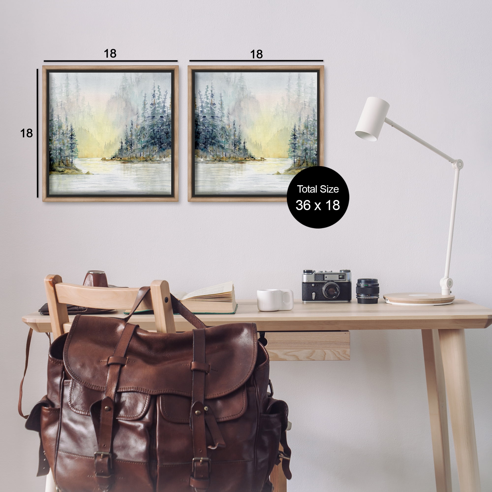 Stupell Industries Distant Deer Bear Pine Trees Landscape & Nature Painting Brown Floater Framed Canvas Art Print Wall Art, 18 x 18, Set of 2