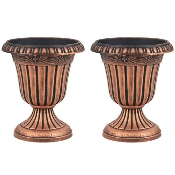 IUKRYU 18" Tall Vintage Planters Set of 2, Bronze Urn Flower Pots with Pedestal Base, PP Material Indoor Outdoor Decorative Planters for Front Porch Patio