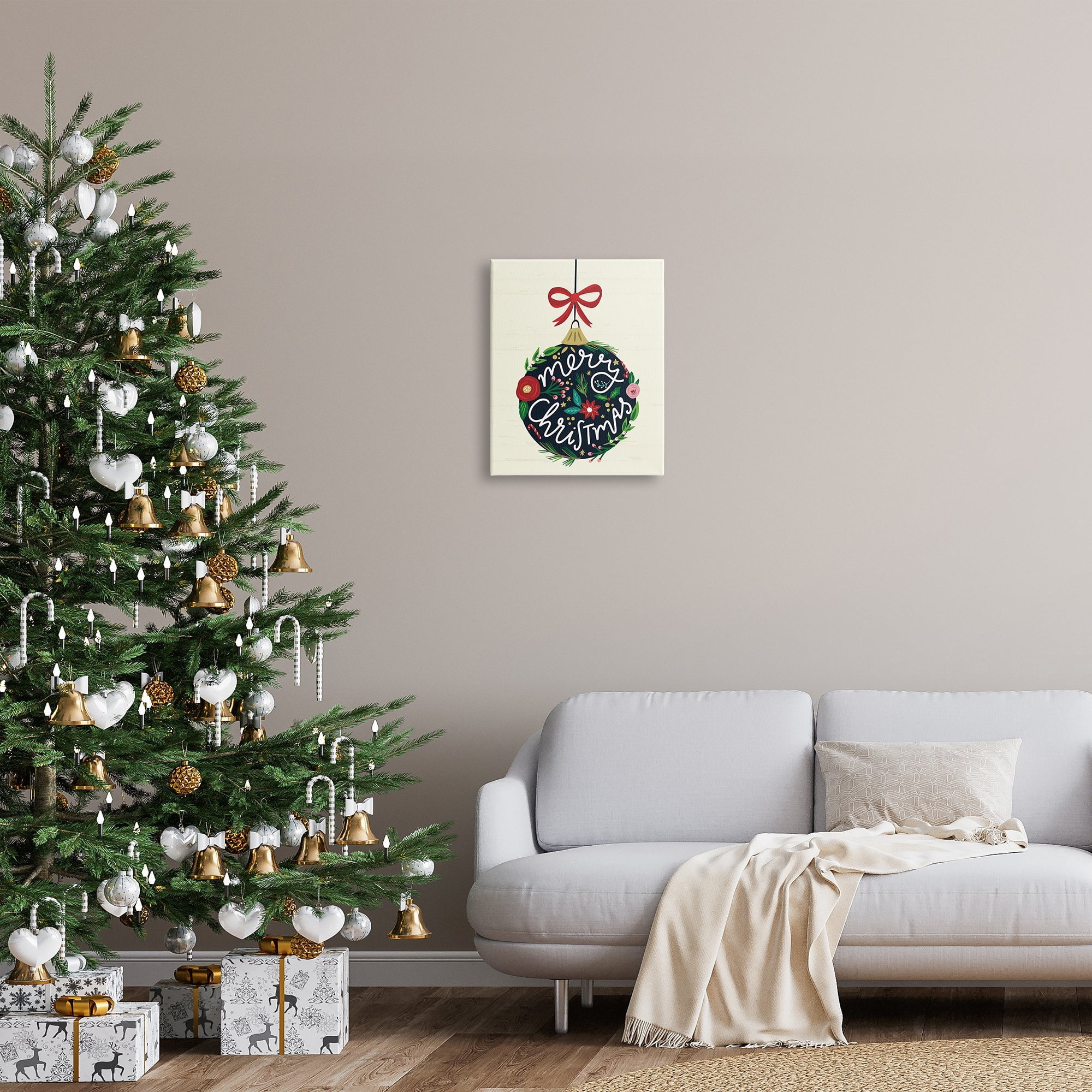 Stupell Industries Merry Christmas Hanging Botanical Ornament Red Bow Graphic Art Gallery Wrapped Canvas Print Wall Art, Design by Louise Allen