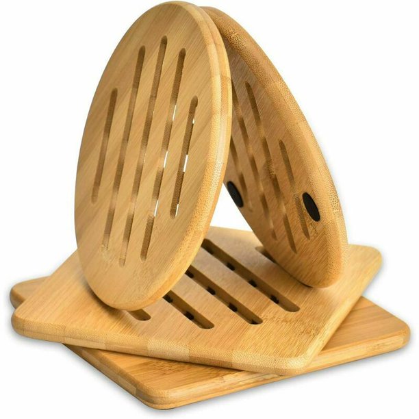 Juego de 4 manteles individuales de bambú resistentes al calor y a altas temperaturas, manteles individuales de bambú lavables para cocina, cuencos, ollas y platos, 2 salvamanteles redondos y 2 cuadra