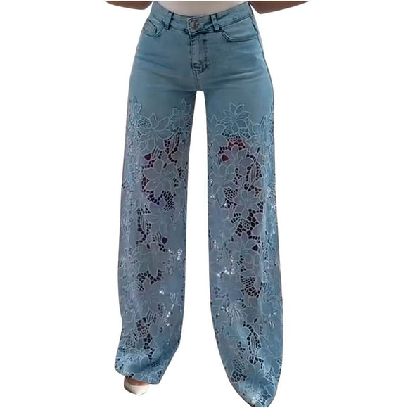 Jeans for Women Lace Patchwork Pocket Pants Casual Trousers